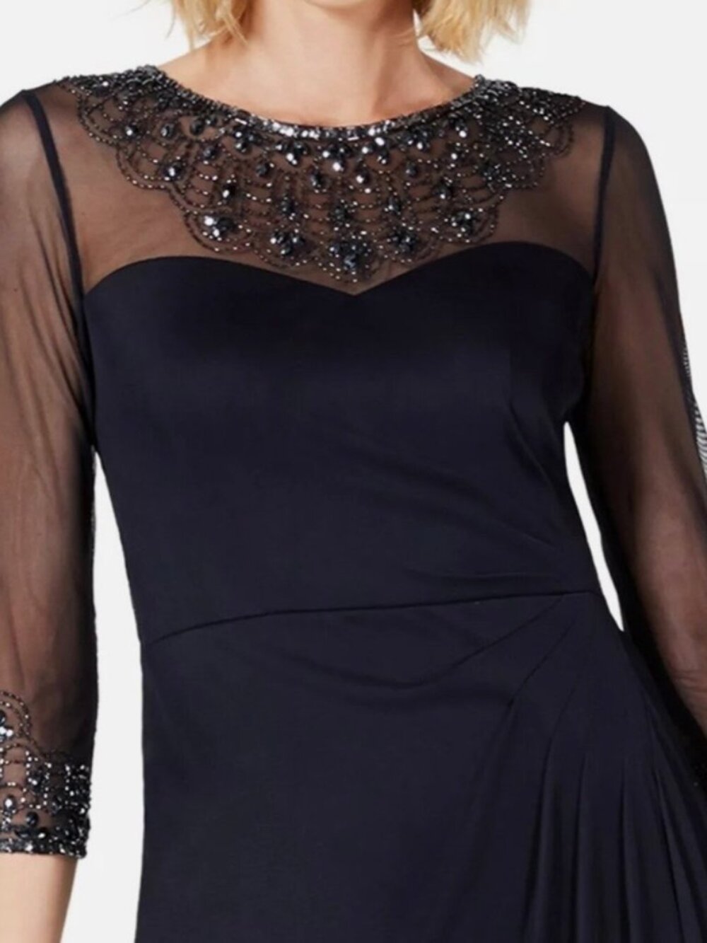 Alex Evenings Women's Sweetheart Beaded Mesh Gown, Dark Blue Navy, Size 12P